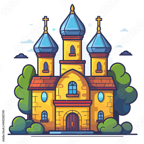 Church building in flat style. Vector illustration in a cartoon style.