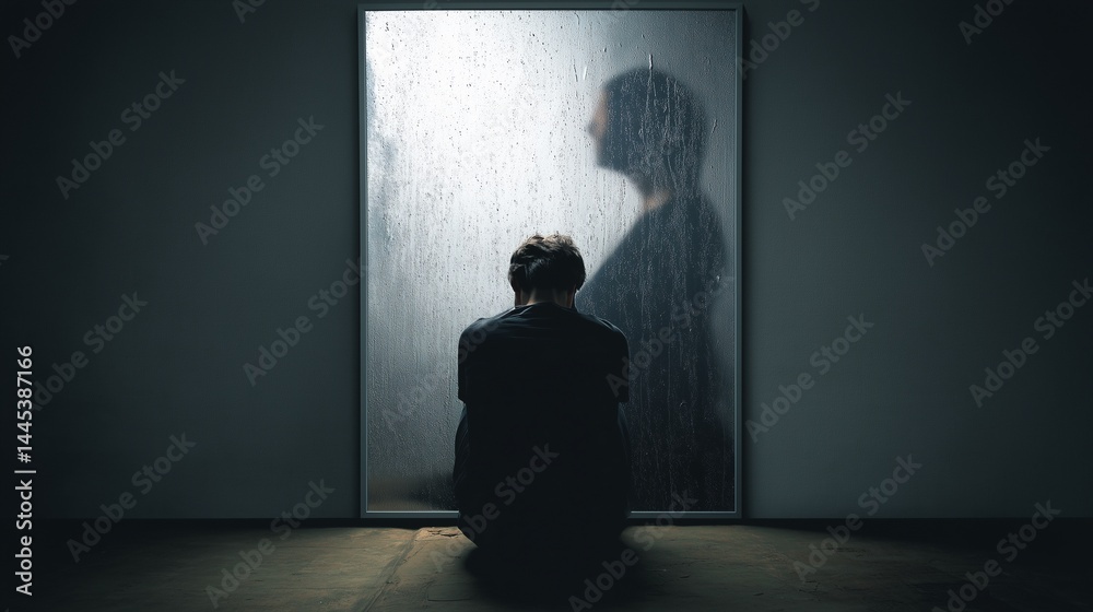 Obraz premium A person sits alone, facing a shadowy reflection, symbolizing inner struggle with emotional agoraphobia, depression, and stress.