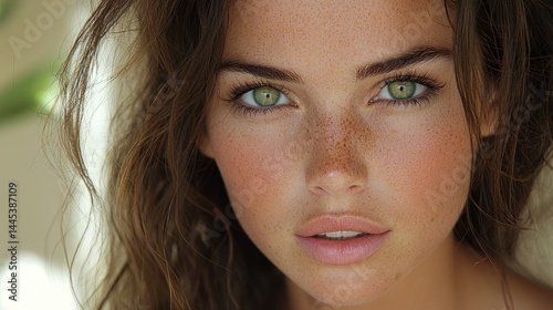 Close-up portrait of a woman with green eyes and freckles.  Soft, natural lighting enhances her features