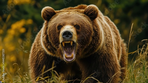 Majestic grizzly bear growling in natural habitat amidst wilderness