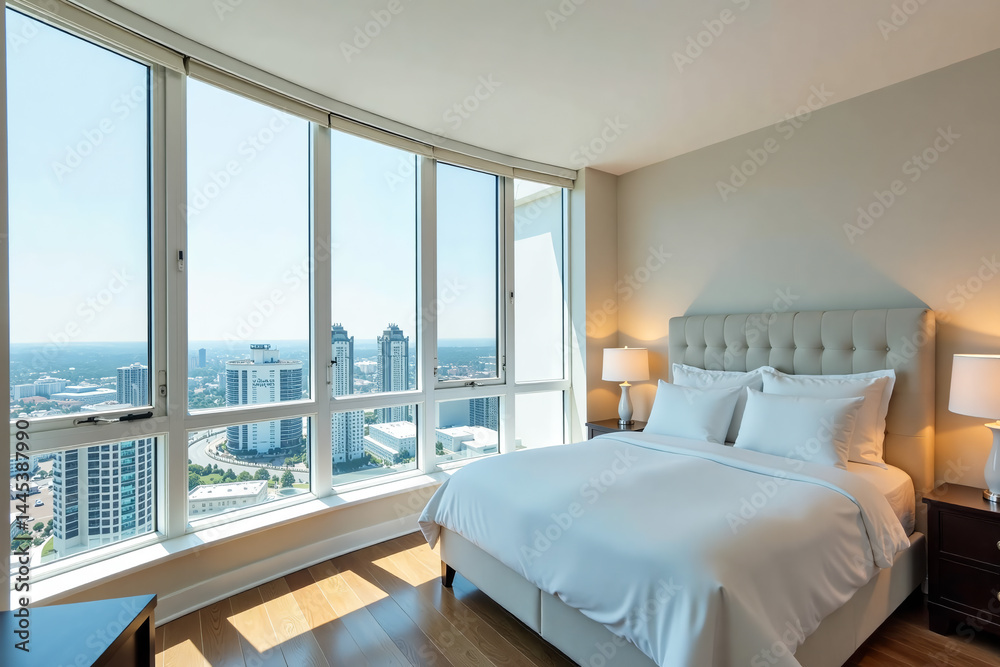 Fototapeta premium Modern Bedroom Luxurious with Panoramic City View Through Curved Window