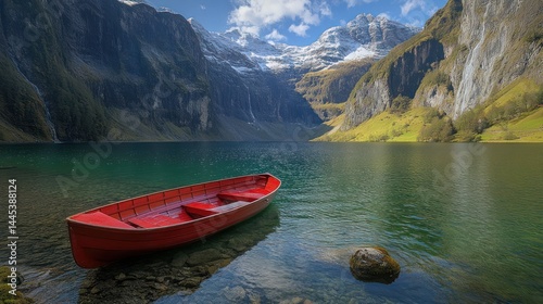 Serene alpine lake with red boat