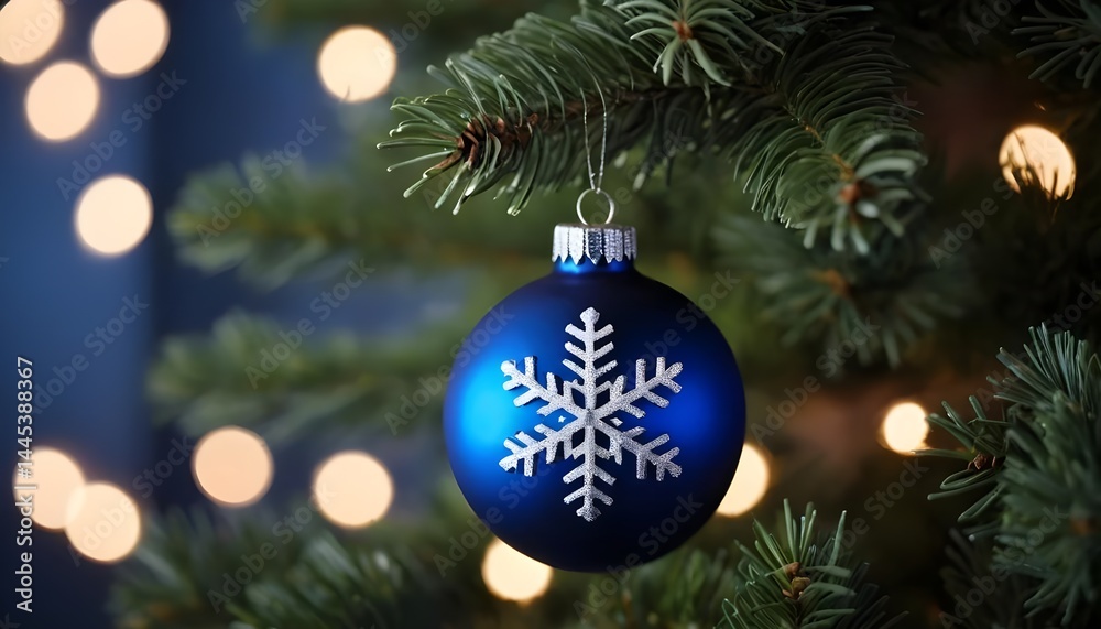 Blue Christmas Ornament with Snowflake on Christmas Tree Blue Christmas Ornament with Snowflake on Christmas Tree