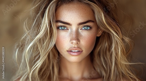 Close-up portrait of a woman with long, wavy blonde hair and bright blue eyes.  Freckles are visible on her face