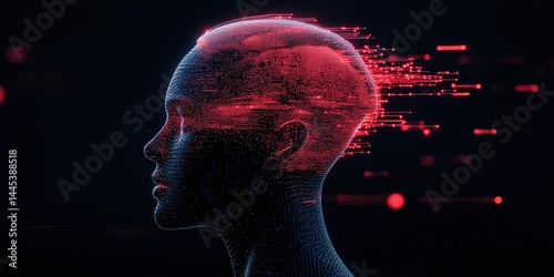 Translucent robotic head generating streaming code lines, representing ai neural processing