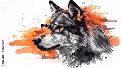 Illustration of a dog with glasses on a grunge background.