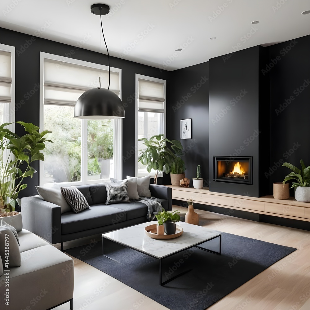 Fototapeta premium Modern Minimalist Living Room with Fireplace and Large Windows