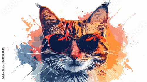 Cute cat in sunglasses. Grunge background. Vector illustration.