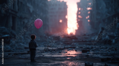 Hopeful child holding pink balloon in war-torn city symbolizing resilience and future