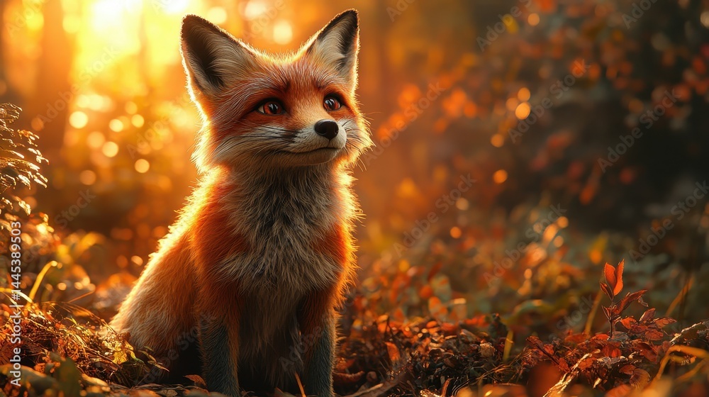 Fototapeta premium Serene red fox in sunlit forest amid autumn leaves at golden hour