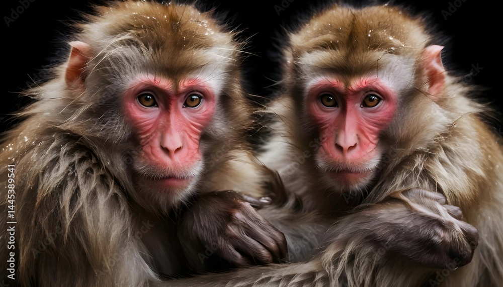 Obraz premium Two Japanese Macaques Huddling Together