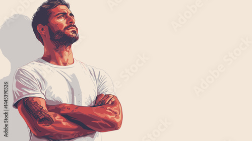 Handsome bearded man in a white t-shirt with crossed arms