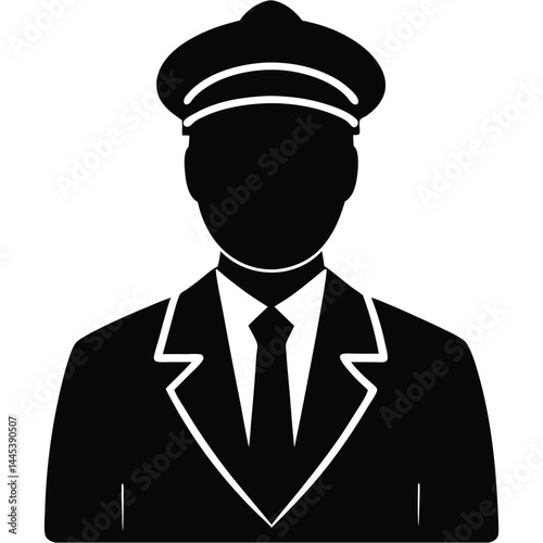 A black silhouette of a pilot in uniform, wearing a cap, conveying a sense of authority and professionalism 