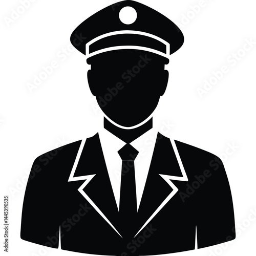 A black silhouette of a pilot in uniform, wearing a cap, conveying a sense of authority and professionalism 
