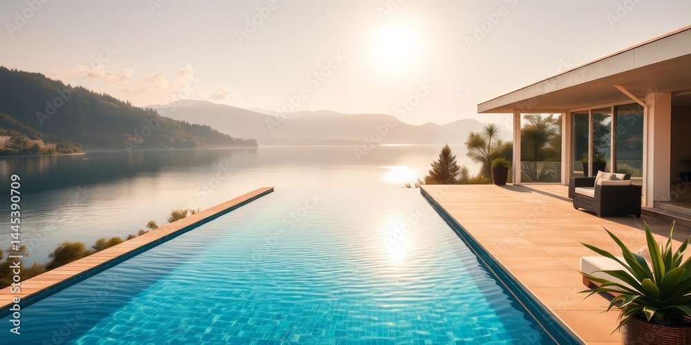 Fototapeta premium Sun-drenched lakeside home, infinity pool, expansive sunroom, sunlight, swimmming pool