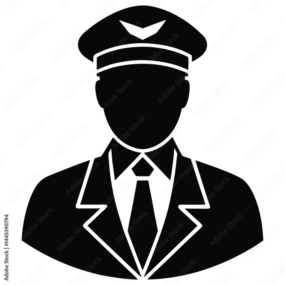 A black silhouette of a pilot in uniform, wearing a cap, conveying a sense of authority and professionalism A black silhouette of a pilot in uniform, wearing a cap, conveying a sense of authority and professionalism