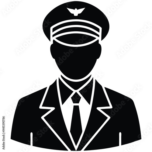 A black silhouette of a pilot in uniform, wearing a cap, conveying a sense of authority and professionalism 