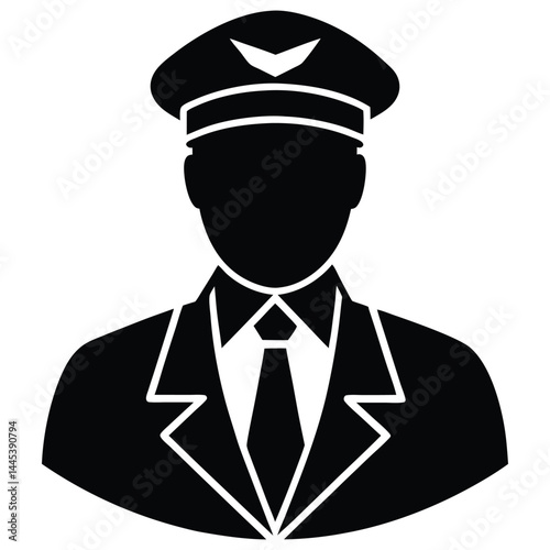 A black silhouette of a pilot in uniform, wearing a cap, conveying a sense of authority and professionalism 