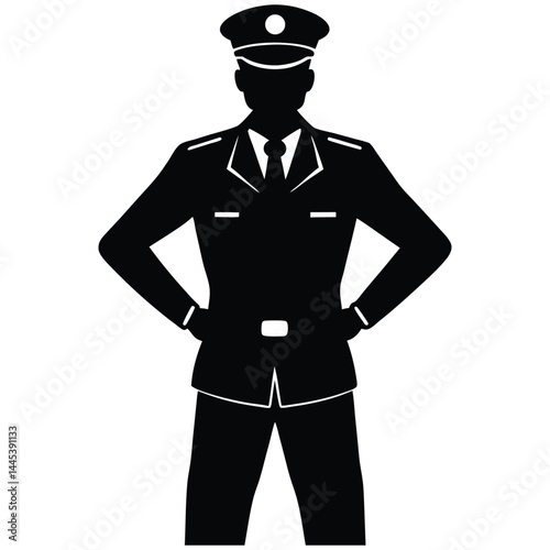 A black silhouette of a police officer standing with hands on hips, wearing a uniform and hat, conveying a sense of authority and presence