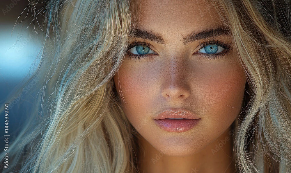 Obraz premium Close-up portrait of a young woman with blonde hair and striking blue eyes. Sunlight illuminates her face