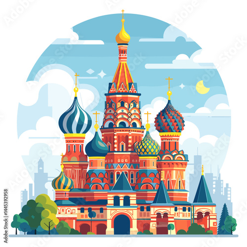 Saint Basil's Cathedral in Moscow, Russia. Colorful flat vector illustration