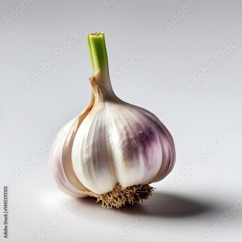 Single bulb of garlic on white background