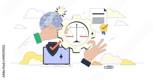 AI governance is illustrated by hands interacting with a globe, laptop, and justice scale, symbolizing regulation and oversight, transparent background. Neubrutalism hands concept
