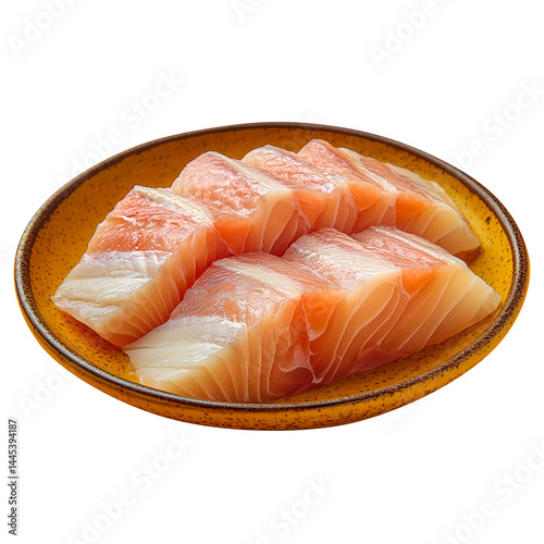 Basa fish slice isolated or yellowtail catfish Pangasius Bocourti in yellow background, no shadow with clipping path, raw fresh fish, cooking ingredient, isolated on fully transpa photo