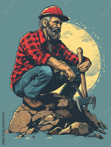 Worker in helmet and overalls. Vector illustration in retro style.