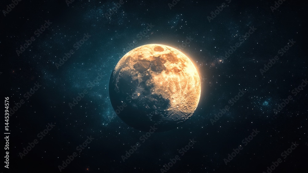 Fototapeta premium Illuminated moon in dark starry sky with crater details and deep space view