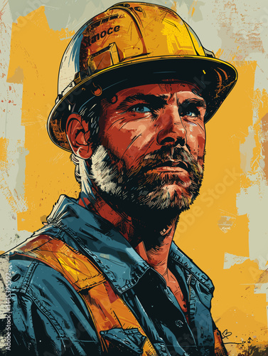 Worker with yellow helmet. Vector illustration in retro style.
