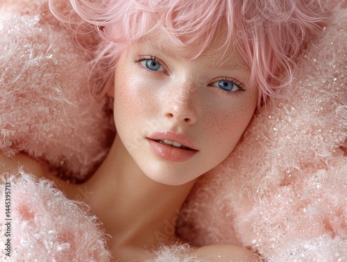 Close-up portrait of a young woman with light pink hair and freckles, lying on a fluffy pink surface.  Her blue eyes are captivating