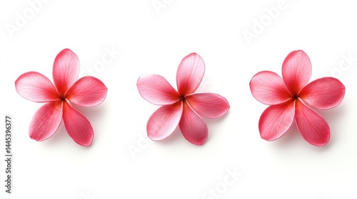 Three pink plumeria flowers against white background