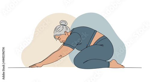 serene plus-size senior woman in child’s pose with rounded geometric shapes in the background