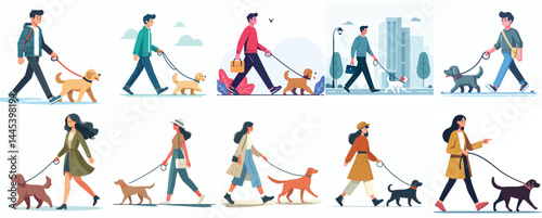 Vector Set: People Walking Dogs on Leashes