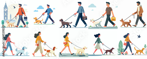 Vector Set: People Walking Dogs on Leashes