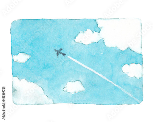 水彩で描いた空を飛ぶ飛行機