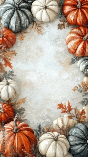 Decorative autumn pumpkin border with colorful gourds in orange green white and gray shades on textured background for fall seasonal harvest celebration design