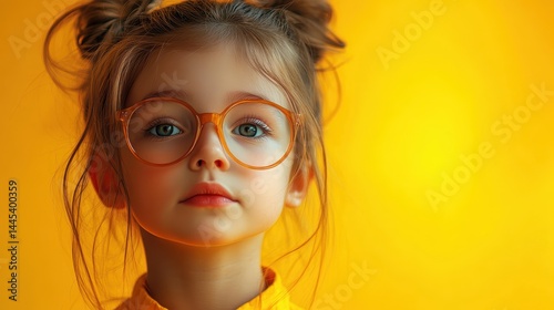 Young caucasian girl with glasses against bright yellow background