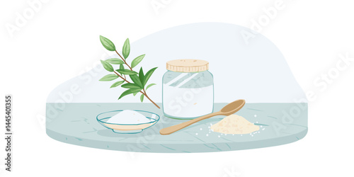 Sea salt and herbs on white platform with spoon