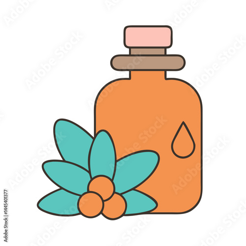Herbal essential oil bottle with leaves and berries