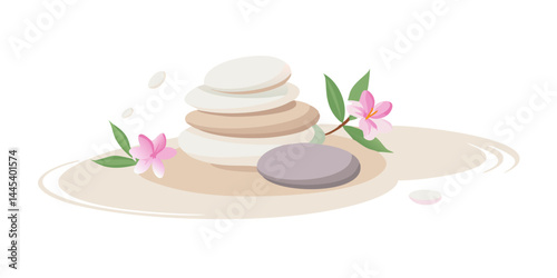 Flat illustration of stacked pebbles with floral accent
