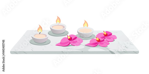 Spa candles and pink flowers on marble surface