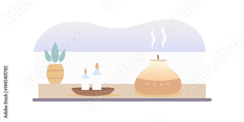 Aromatherapy diffuser and candles on wooden shelf