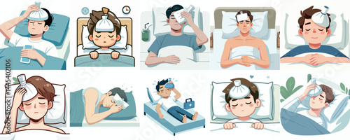 Vector Set: Sick Characters Using Cold Compress for Fever or Headache