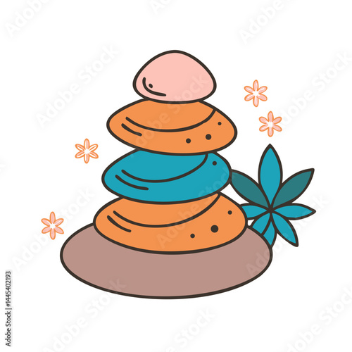 Colorful stacked stones with tropical flowers and leaves