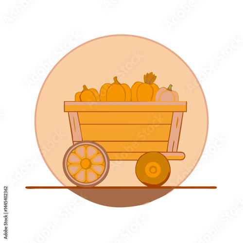 Wooden cart with pumpkins in flat autumn style