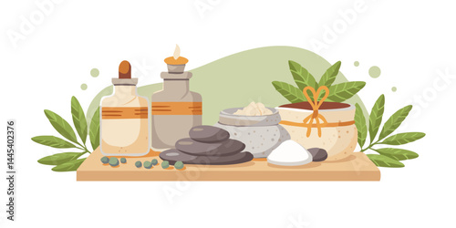 Spa composition with oils, stones and herbal elements