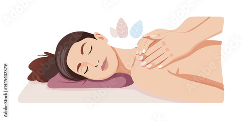 Woman receiving relaxing back massage with spa elements
