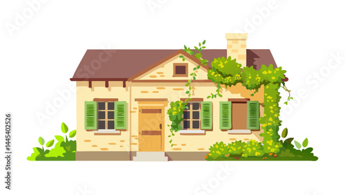 Rustic cottage with vines and greenery illustration